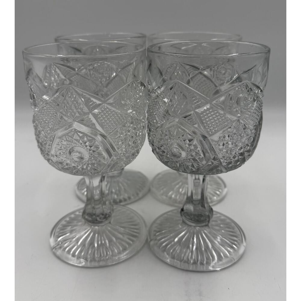 Vintage Libbey Hobstar Clear Glass Star Burst Wine/Water Goblets ~ Set of 4